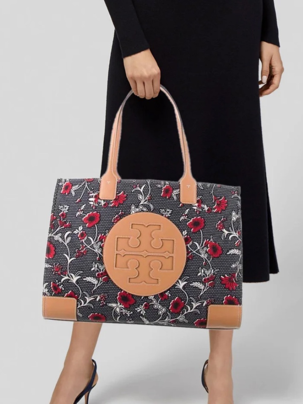 TORY BURCH Ella Tote Bag Purse Nylon Navy and Red Floral